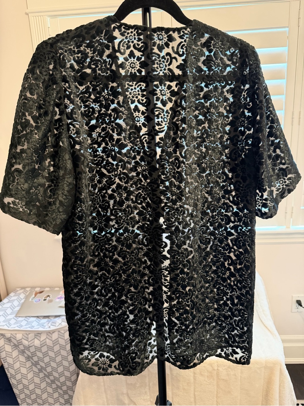 Women’s Black Lace Sheer Kimono Cover-Up with Shimmery Buttons